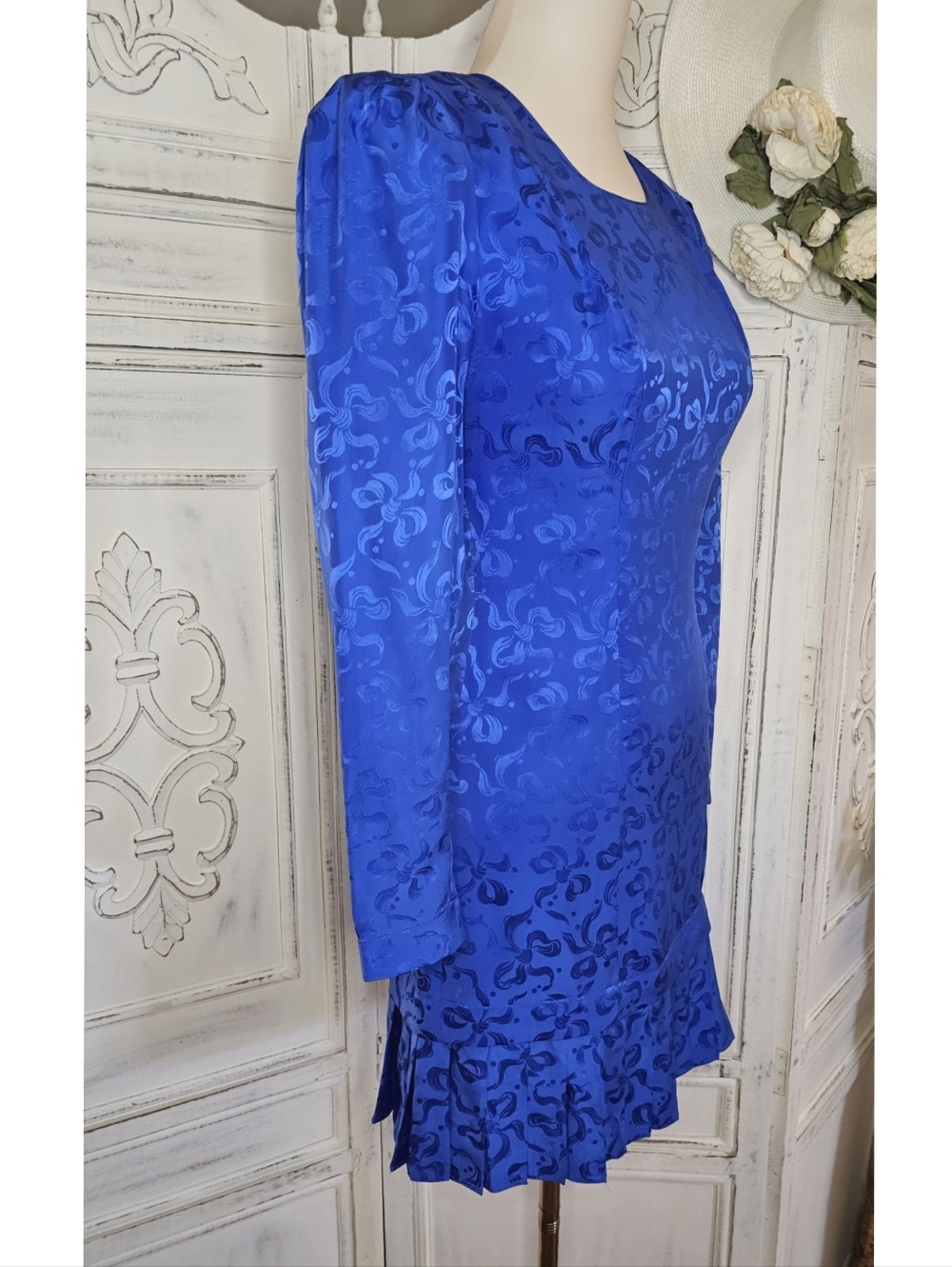 Vntage Royal Blue Silk Drop Waist Pleated Mini Dress